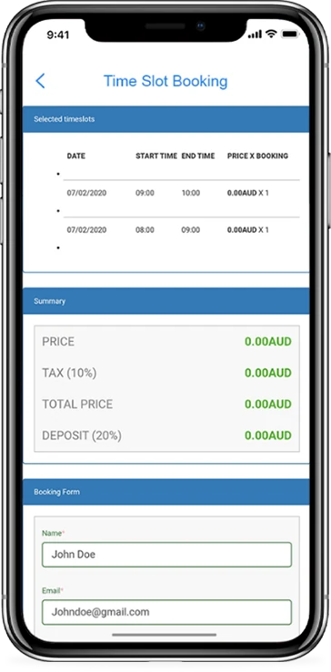 Time Slot Booking screen